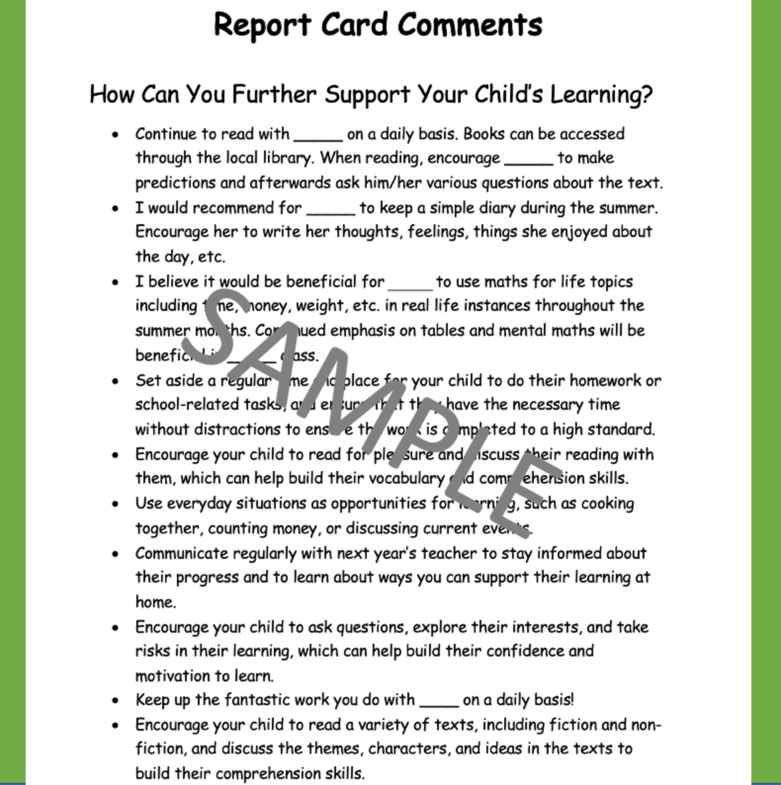 Mash > Class Level > Sample Report Card Comments